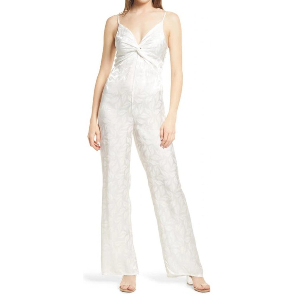 New NSR Molli Jacquard Jumpsuit Women's Size M White Gathered V-Neck Full Length